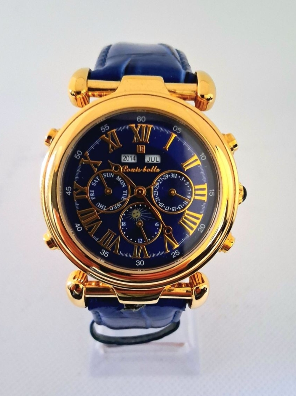GORGEOUS RARE Louis Bolle 8126-029 Gold Filled Blue Croc Leather Automatic Watch